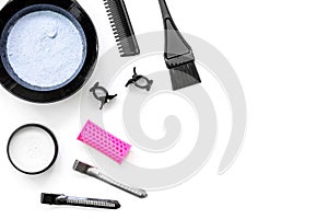 Tools for hair dye and hairdye top view white background