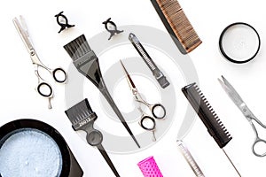 Tools for hair dye and hairdye top view white background