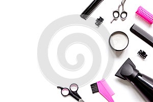 Tools for hair styling on white background top view