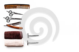 Tools for haircut and shave. Razor, sciccors, brush on white background top view copy space