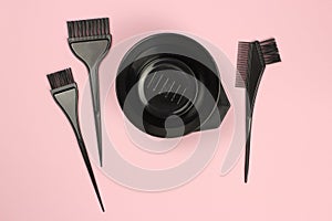 Tools for hairdresser, for painting hair on a pink background