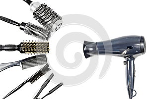 Tools hairdresser`s top view on white isolate