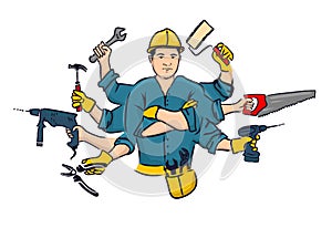 Tools in hand. jack of all trades. handyman. A builder who knows how to do everything. vector illustration