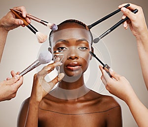 Tools, hands and portrait of black woman and cosmetics for getting ready, beauty product and glow. Brush, group and
