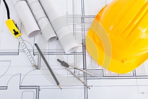 Tools with hardhat on blueprint