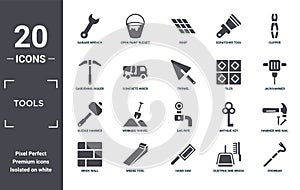 tools icon set. include creative elements as garage wrench, clipper, tiles, gas pipe, wedge tool, sledge hammer filled icons can