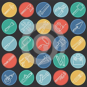 Tools icons line set on color circles black background for graphic and web design, Modern simple vector sign. Internet concept.