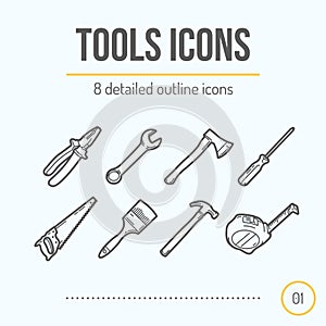 Tools Icons Set (Pliers, Wrench, Axe, Screwdriver, Saw, Brush, Hammer, Tape Measure)