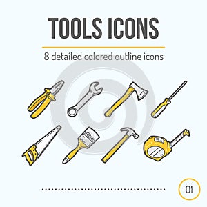 Tools Icons Set (Pliers, Wrench, Axe, Screwdriver, Saw, Brush, Hammer, Tape Measure).