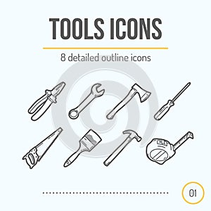 Tools Icons Set (Pliers, Wrench, Axe, Screwdriver, Saw, Brush, Hammer, Tape Measure) photo