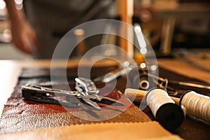 Tools for leather working on desk