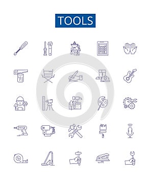 Tools line icons signs set. Design collection of Spanner, Wrench, Hammer, Pliers, Drill, Saw, Screwdriver, Ruler outline