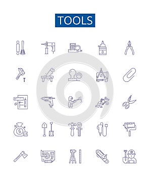 Tools line icons signs set. Design collection of Spanner, Wrench, Hammer, Pliers, Drill, Saw, Screwdriver, Ruler outline