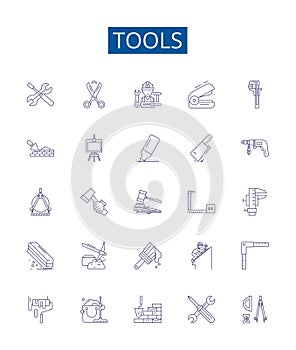 Utensili linea icone francobolli impostato. progetto da chiave distorsione martello pinze perforare lui vide cacciavite governate contorno 