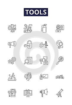 Tools line vector icons and signs. Wrench, Hammer, Saw, Drill, Screwdriver, Pliers, Socket, Ruler outline vector