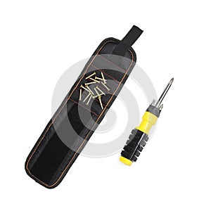Tools magnetic bracelet on wrist with screws and screwdriver isolated on white