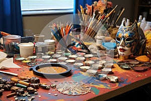 tools and materials for creating venetian masks scattered on table