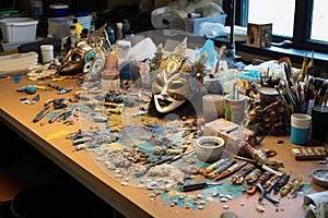 tools and materials for creating venetian masks scattered on table