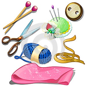Tools and materials for seamstress - needles, scissors, needles, fabric and other stuff for tailor. Seven icons isolated