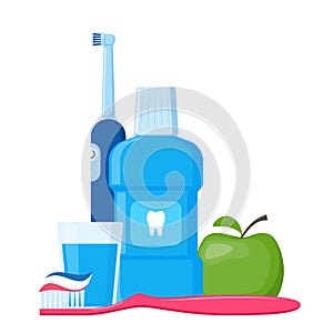 Tools and means for dental hygiene. Oral care and hygiene products. Vector illustration