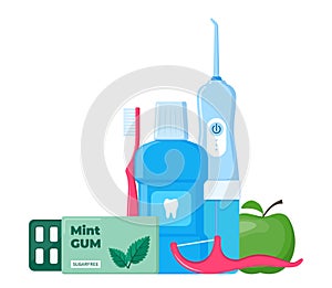 Tools and means for dental hygiene. Oral care and hygiene products. Vector illustration