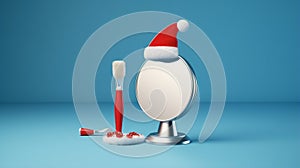 tools, mirror, probe, tooth in Santa hat on red podium for new year on blue background. creative medical stomatology christmas