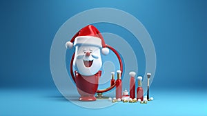 tools, mirror, probe, tooth in Santa hat on red podium for new year on blue background. creative medical stomatology christmas