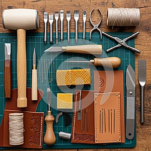 Tools are neatly arranged on a cutting mat. Includes a wooden mallet,