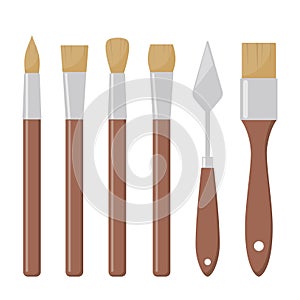 Tools for painting. Paint brushes, various forms. Different artist brushes, palette knife, icon set. Vector flat illustration,