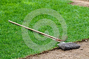 Tools, rake and broom on the lawn for cleaning city