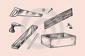 Tools for repair. Wooden boards, drill and saw, box. DIY Background. Do it yourself. Engraved doodle vintage sketch hand