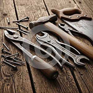 Tools on a rustic wooden surface. Includes a hammer with a wooden