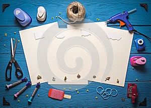 Tools for scrapbooking on wooden boards