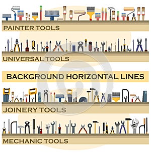 Tools. Set. The background is horizontal. Lower. Screwdrivers, hammers, wrenches, saws, pliers, rollers, brushes, files. Collectio