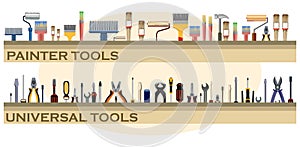 Tools. Set. The background is horizontal. Lower. Screwdrivers, hammers, wrenches, saws, pliers, rollers, brushes, files. Collectio