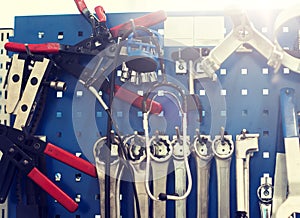 Tools set at car workshop