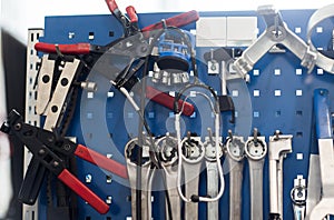 Tools set at car workshop