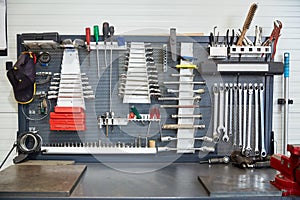 Tools set at car workshop