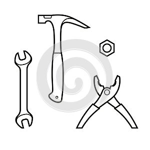 Tools set - hammer, wrench, pliers and steel nut. Flat black image, icon, isolated background.