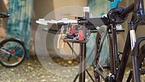 Tools set up outside for bike adjustment