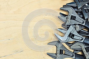 Tools set in vintage picture style . set of hand tools on a wooden background, Wrench tools or Pipe wrench for hard work
