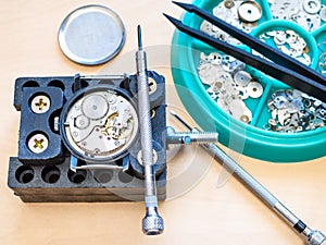 Tools and spare parts prepared for watch repairing