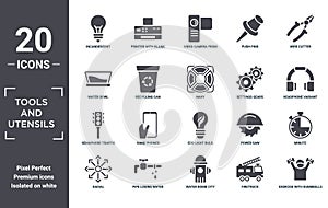 tools.and.utensils icon set. include creative elements as incandescent, wire cutter, settings gears, eco light bulb, pipe losing