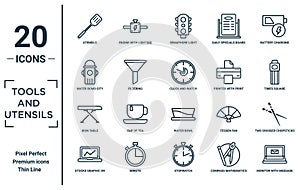 tools.and.utensils linear icon set. includes thin line utensils, water bomb city supplier, iron table, stocks graphic on laptop