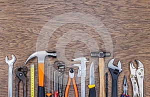 Tools on wood background