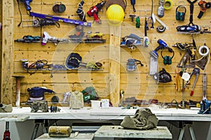 Tools on the wood wall of workshop