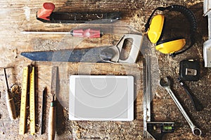 Tools for woodworks with copy space