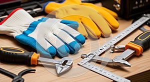 Tools and Work Gloves on Wooden Surface for Diy or Construction Projects