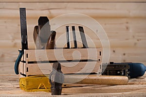 Tools for working with wood. Carpenter. woodwork tools in wooden box