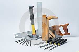 Tools for working with wood on white background